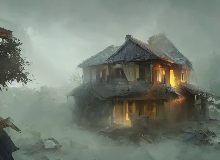 Image similar to one beautiful house among destroyed world around volumetric lighting, digital painting, highly detailed, artstation, sharp focus, illustration, concept art, ruan jia, steve mccurry, amazing composition