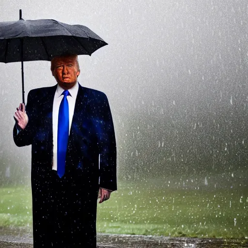 Image similar to 4 k hdr full body wide angle sony portrait of donald trump showering in a rainstorm with moody stormy overcast lighting