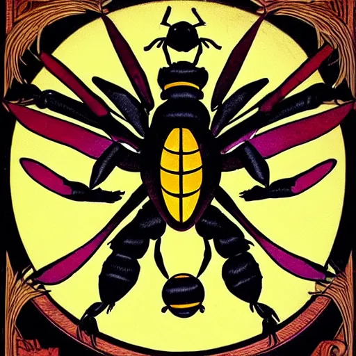 Image similar to a dark dangerous ritual spell with a dead bumblebee placed in the middle of a bloody bullseye at the center of the crosshairs of a gun, art nouveau, fantasy illustration, tarot