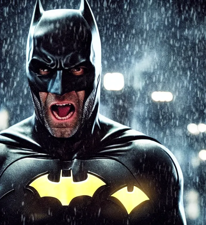 Prompt: cinematic still of jason statham as batman, screaming in pain, dramatic rain, 8 k