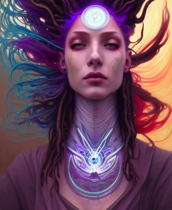 Image similar to a whirlwind of souls rushing inside the metaverse, half body, jewelry, hologram, dreads, android, cyborg, cyberpunk face, by loish, d & d, fantasy, intricate, elegant, highly detailed, colorful, vivid color, digital painting, artstation, concept art, art by artgerm and greg rutkowski and alphonse mucha