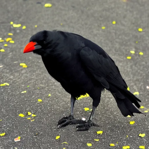 Prompt: crow made of black flower petals, many black petals growing out of the crow's back,