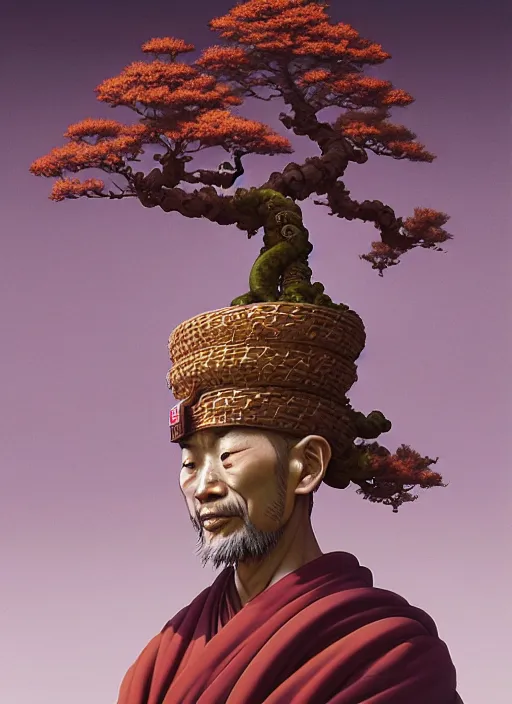 Prompt: shinto monk with a bonsai growing out of his head, intricate, rim light, octane render, by jesper ejsing, james jean, justin gerard, tomasz alen kopera, cgsociety and fenghua zhong, highly detailed, art, cinematic lighting, very coherent, hyper realism, high detail, 8 k