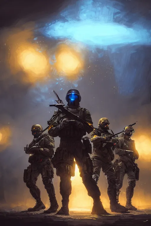Prompt: a cinematic shot of a special forces unit with blue and yellow flag and standing ready to fight, masculine figure, d & d, fantasy, bright atmosphere, volumetric lights, intricate, elegant, extremely detailed, digital painting, artstation, concept art, matte, smooth, sharp focus, hyper realistic, illustration, art by artgerm and greg rutkowski and alphonse mucha