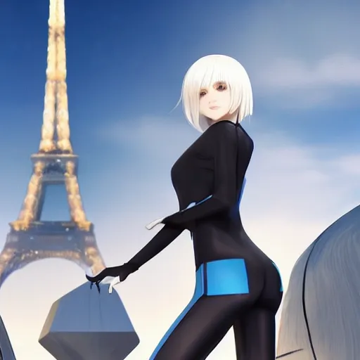 Prompt: platinum - blonde - haired long bob cut blue - eyed princess wearing white leggings and black jacket, standing next to communist monument, futuristic paris, anime, hd anime wallpaper, hyperrealistic lighting, octane render, volumetric lighting, drawn by artgerm