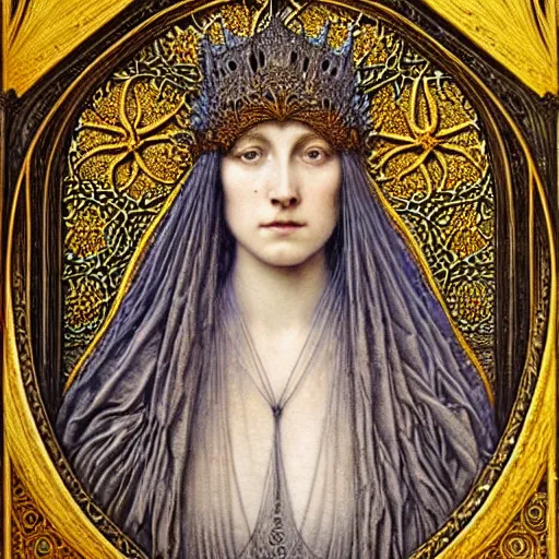 Image similar to detailed realistic beautiful young medieval queen face portrait by jean delville, gustave dore, iris van herpen and marco mazzoni, art forms of nature by ernst haeckel, art nouveau, symbolist, visionary, gothic, pre - raphaelite, horizontal symmetry, fractal lace, realistic ornate gilded medieval icon