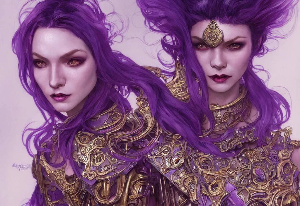 Image similar to close up portrait vampire with purple hair in sci - fi bionic armor, highly detailed, very intricate, art nouveau, gold filigree, romantic storybook fantasy, soft cinematic lighting, award - winning, disney concept art watercolor illustration by mandy jurgens and alphonse mucha and alena aenami, pastel color palette, featured on artstation