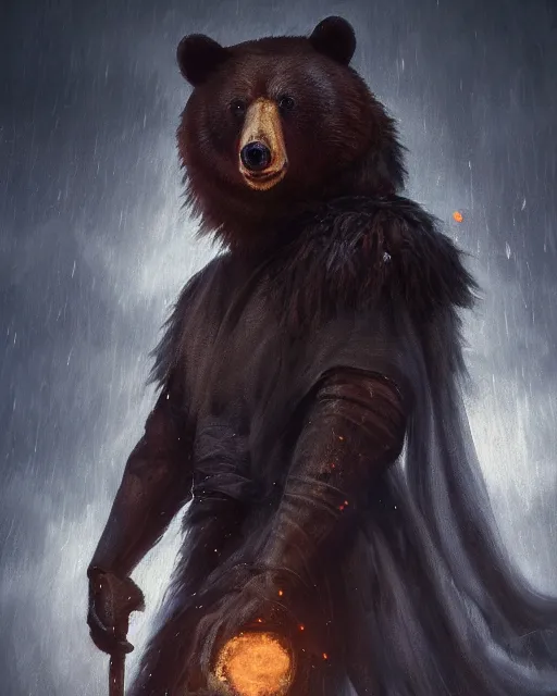 Prompt: oil painting of Anthropomorphized Bear Sorcerer casting spell, magical runes flying, wearing fur cloak, sharp focus, lightning storm background, magical aura, evil, heroic pose, fantasy style, octane render, volumetric lighting, 8k high definition, by greg rutkowski, highly detailed, trending on art Station, magic the gathering artwork, Thunderstorm background, centered, dramatic artwork