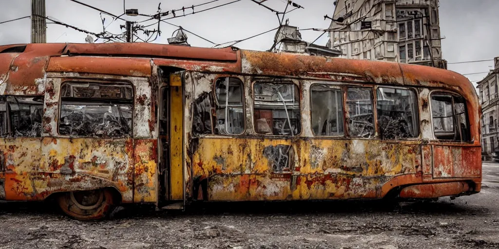 Image similar to low wide angle shot of dilapidated fallout 5 europa, retro futuristic euro cityscapes, desolate, dilapidated neon signs, few rusted retro futuristic vintage parked vehicles like cars, buses, trucks, trams, volumetric lighting, photorealistic, fog, daytime, spring, rainy weather, sharp focus, ultra detailed, 4 0 0 0 k