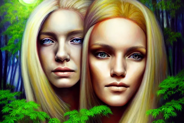 Image similar to realistic detailed portrait painting of a beautiful ghost woman with blond hair with an alien, futuristic sci-fi forest on background