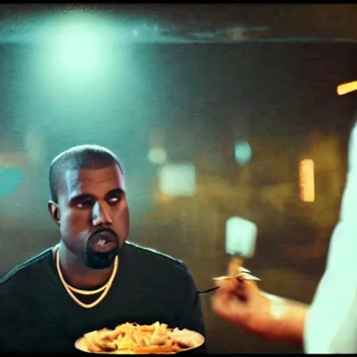 Image similar to blurry, gopro footage of kanye west eating at taco bell, cinematic, volumetric lighting, night, rain