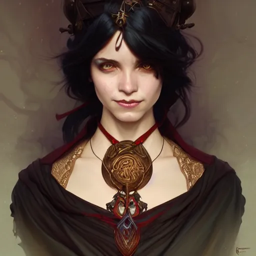 Image similar to Portrait of jovial female wizard, D&D, red eyes, face, short black hair, fantasy, intricate, elegant, highly detailed, digital painting, artstation, concept art, smooth, sharp focus, illustration, art by artgerm and greg rutkowski and alphonse mucha