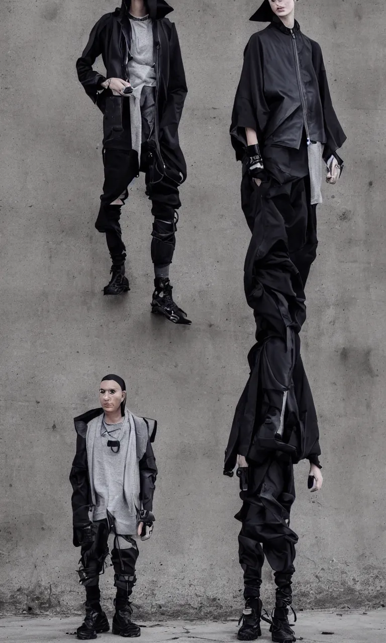 Image similar to beautiful androgynous techwear look and clothes, avant garde fashion, Rick Owens, Y3, trending on r/streetwear, fit pic