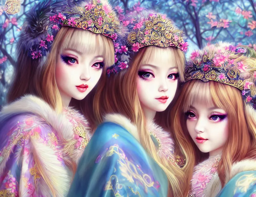 Image similar to two beautiful fashion siberian girls wear fantasy kimono in festival | | big eyes, sunny, dreamlike art, realistic shaded, smile, good looking, hyper details, 4 k realistic, cryengine, realistic shaded lighting poster by artgerm, ross tran, fuji choko, loish, 8 k resolution, trending on artstation, luxury