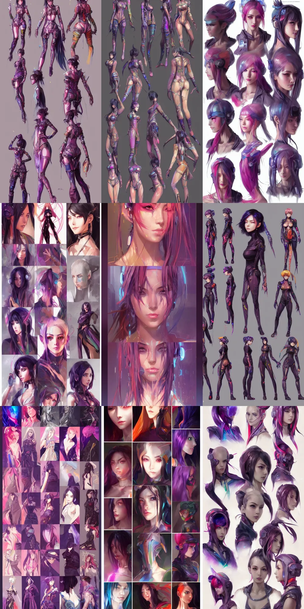 Prompt: colorful concept character sheet, beautiful anime style alluring women with a gorgeous symmetrical faces and bodies, cyberpunk, sci - fi, fantasy, intricate, elegant, highly detailed, digital painting, artstation, concept art, smooth, sharp focus, illustration, beautiful light and shadows, art by artgerm and greg rutkowski and krenz cushart and wlop