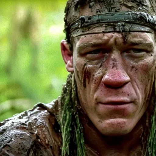 Image similar to film still of john cena as major dutch, covered in mud, hiding from the predator a few feet away from him in swamp scene in 1 9 8 7 movie predator, hd, 8 k