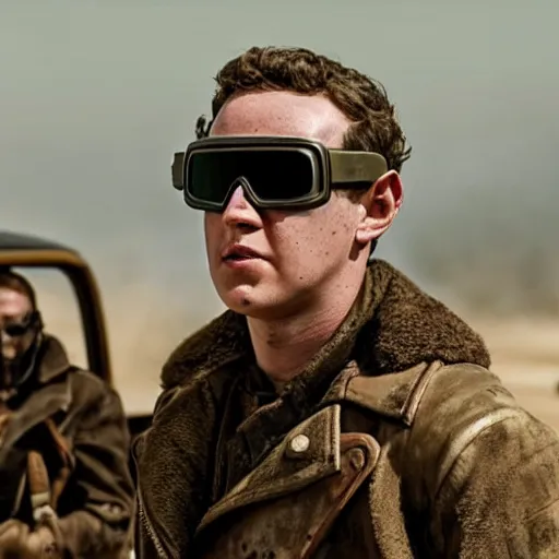 Prompt: Zuckenberg wearing WWII pilot googles in a Mad max movie , 8k hd dof, award-winning photo