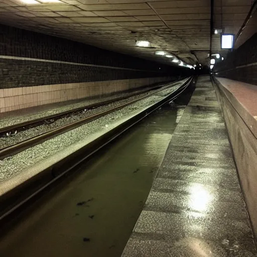 Image similar to flooded subway liminal space, uneasy, old signage, pristine tiling, foreboding, trending on / r / creepy