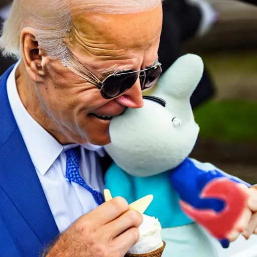 Prompt: Joe Biden eating ice cream with Moomins