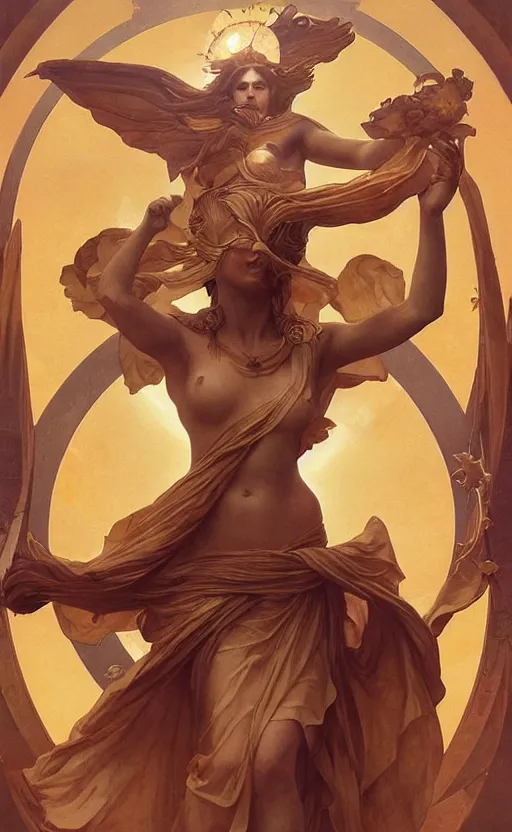 Image similar to solarpunk four armed statue of the goddess of the sun helios descending from olympus, four arms, artstation, concept art, smooth, sharp focus, illustration, art by artgerm and greg rutkowski and alphonse mucha and william adolphe bouguereau and john william waterhouse and gianlorenzo bernini