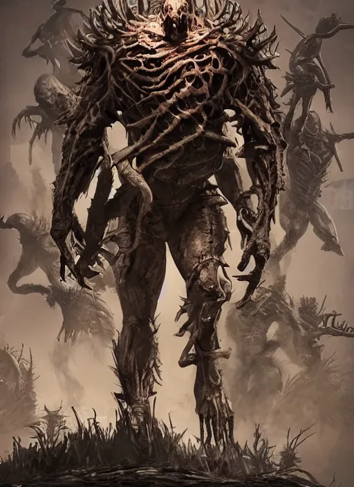 Prompt: poster!! scary new enemy for 7 days to die, monster concept art, action pose, illustration, full body armor, steel plating, huge weapon, super powers, athletic, symmetry, intricate design, shiny, highly detailed, hd, dramatic lighting, wide angle view, art by artgerm and greg rutkowski