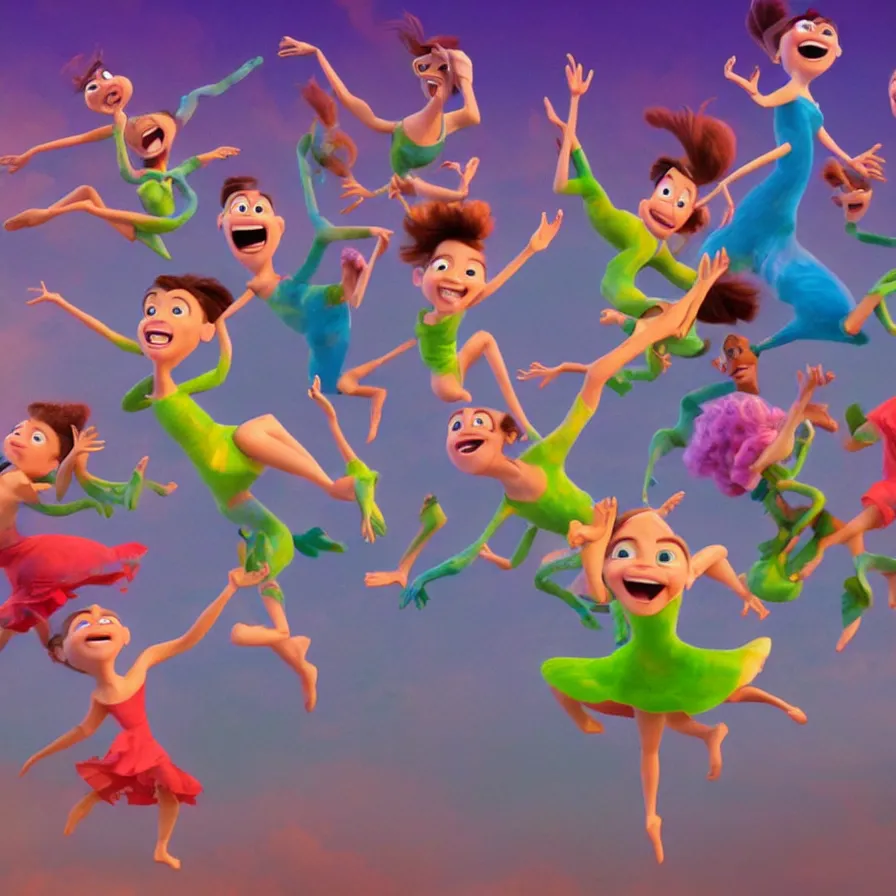 Image similar to full body shot of dancers dancing on the clouds, 3 d animated pixar!! illumination studios animated movie by pete docter, extremely happy smiling and eerie smiles, slimy fluid liquid