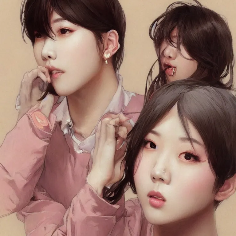 Prompt: portrait of kpop idol, expressive pose, lively expression, a pastel by chip zdarsky, trending on pinterest, mingei, full body, stylish, intricate, elegant, rose tones, highly detailed, digital painting, artstation, concept art, smooth, sharp focus, illustration, art by artgerm and greg rutkowski and alphonse mucha