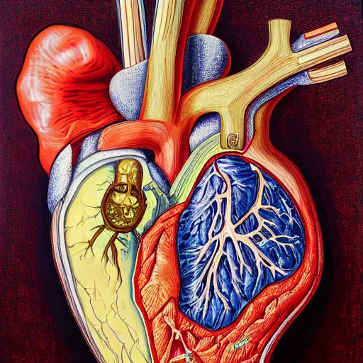 Prompt: dramatic oil in canvas of the anatomy of heart, very detailed