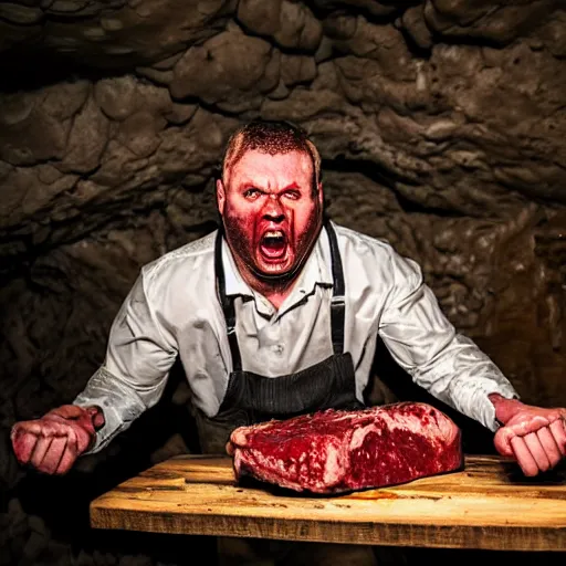 Image similar to big butcher man posing scarily, scary angry pose, cleaver, earie setting, in a dark cave, horror, hyperdetailed