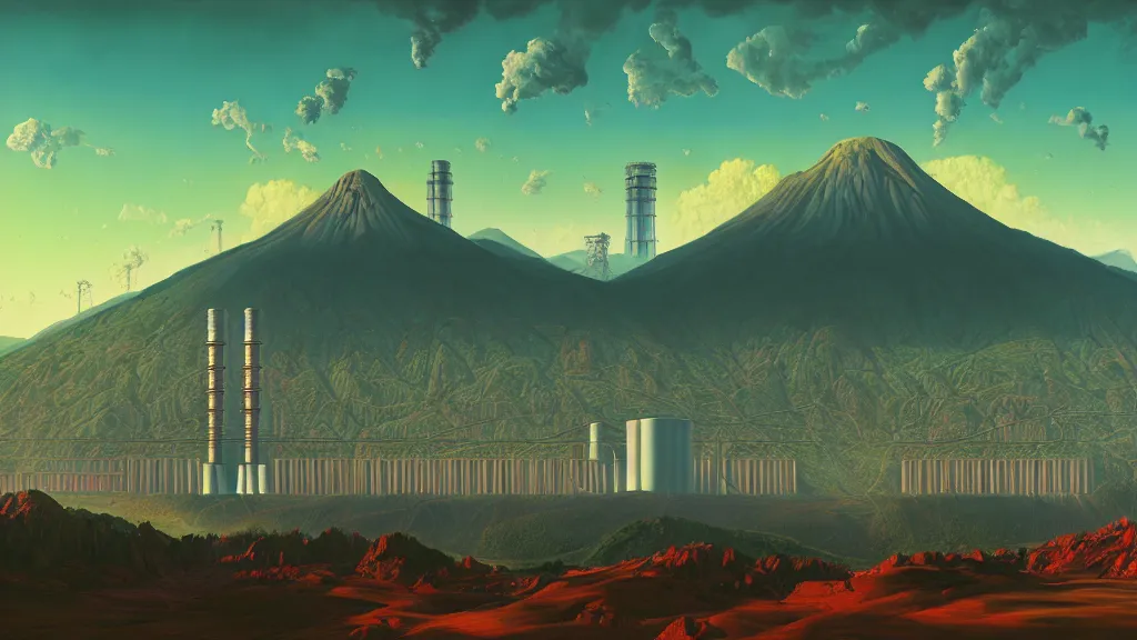 Prompt: Nuclear Reactors integrated with the nature, mountains and city of Quito; by Simon Stålenhag, oil on canvas; Art Direction by James Cameron; 4K, 8K; Ultra-Realistic Depth Shading