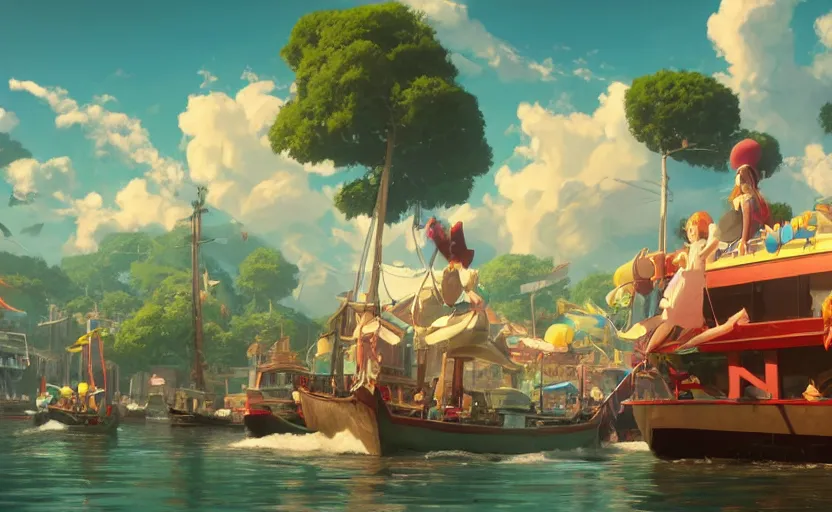 Image similar to a film still floats carnival, medium shot, waist up, studio ghibli, pixar and disney animation, sharp, rendered in unreal engine 5, anime key art by greg rutkowski, bloom, dramatic lighting