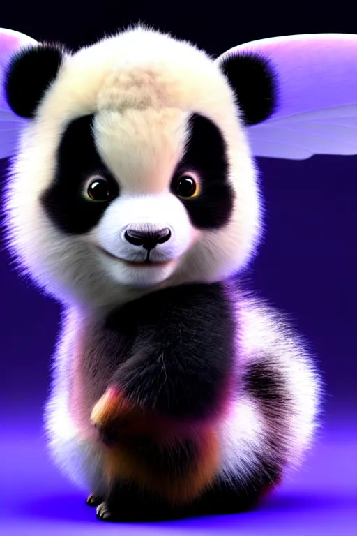 Image similar to high quality 3 d render hyperrealist very cute multicolor stripped fluffy! panda phoenix hybrid with wings!!!, highly detailed, vray smooth, in the style of detective pikachu, hannah yata charlie immer, dramatic blue light, low angle, uhd 8 k, sharp focus