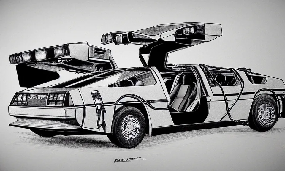 Image similar to a highly detailed drawing of the delorean from back to the future, technical drawing, black and white