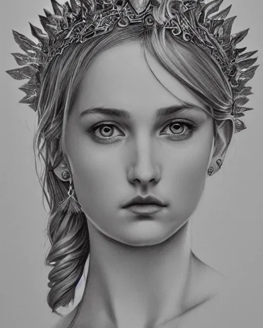 Image similar to beautiful aphrodite greek goddess wearing a golden laurel wreath and arrowhead earrings, hyper - realistic pencil drawing, beautiful piercing eyes with sharp pupils, beautiful blonde hair, in the style of greg rutkowski, fantasy, amazing detail, epic, elegant, smooth, sharp focus