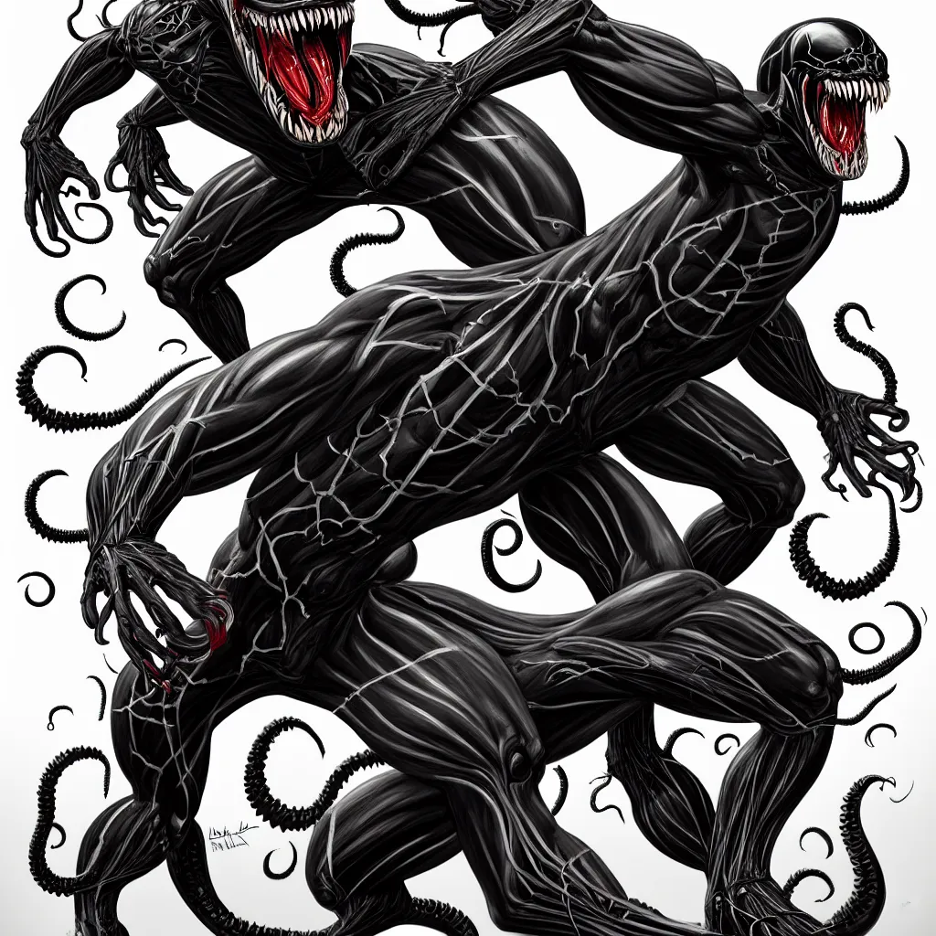 Image similar to anatomically acurate full body long shot venom from marvel comics!!!!, large mouth with teeth, lovecraftian horror!, surrealism, fantasy, intricate, elegant, highly detailed, digital painting, artstation, concept art, matte, sharp focus, illustration, art by keith thompson and christopher lane