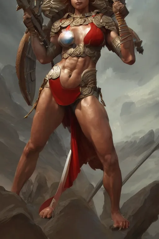 Image similar to goddess of war, accurate anatomy, athletic body, highly detailed, digital painting, artstation, concept art, smooth, sharp focus, illustration, Unreal Engine 5, 8K, art by art by artgerm and greg rutkowski and edgar maxence and Boris Valejo