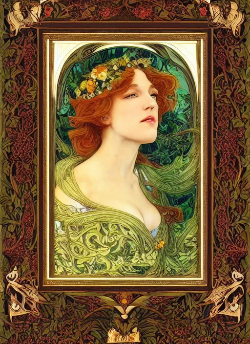 Image similar to masterpiece beautiful seductive flowing curves pose preraphaelite portrait photography, straight bangs, thick set, yellow ochre ornate medieval dress, mushroom forest arch, amongst foliage, william morris and kilian eng and mucha, framed, 4 k