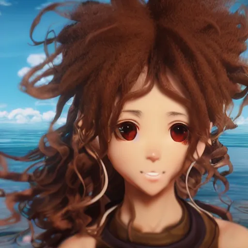 Image similar to a beautiful 3d brown anime girl, brown skin, long black curly hair, Cinematic lighting, anime masterpiece, highly detailed, Trending on artstation, unreal engine 4k, Cinematic wallpaper