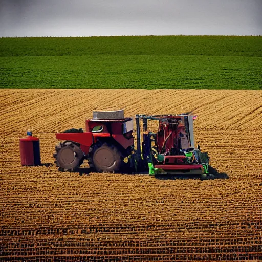 Prompt: robot machinary working a farm by david jefferis