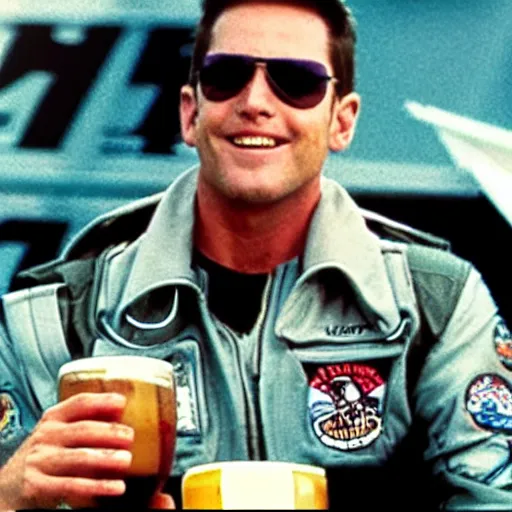 Prompt: Maverick drinking beer in the cockpit, still photo from 'topgun maverick (2022)'