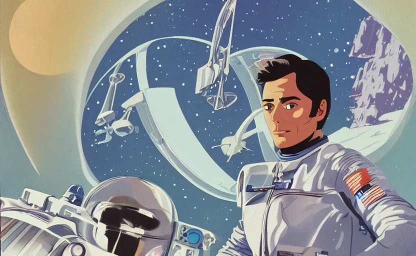 Image similar to a portrait of Alain Delon pilot in spacesuit posing on field forrest spaceship station landing laying lake artillery outer worlds shadows in FANTASTIC PLANET La planète sauvage animation by René Laloux