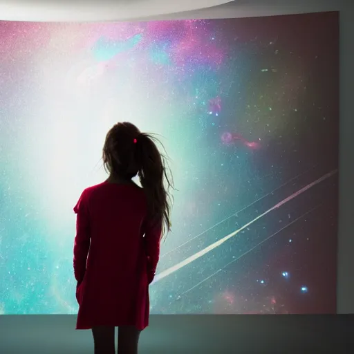 Prompt: noisy color photograph of girl looks at the space, hyper detailed, 8 k realistic, unreal render, mega detailed, epic, volumetric light, hyperrealistic