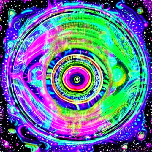 Image similar to petri dish, abstract circle, neon sphere, black background, Psychedelic galaxy, supernova, hyperdetailed DNA, hairy edge, hyperrealism astral cosmic, trippy rainbow at the middle.