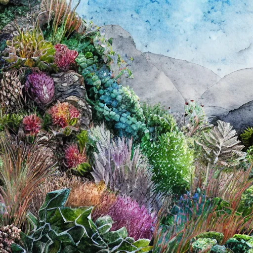 Image similar to delicate coastline mountain garden on paper, stony, puffy, botanical herbarium, botanic watercolors, iridescent, 8 k wide angle, realistic shaded, fine details, artstation, italian, rainbow, colonnade, oak, pinecone, pomegranade, vines, gardena architecture, pompeian, sicilian