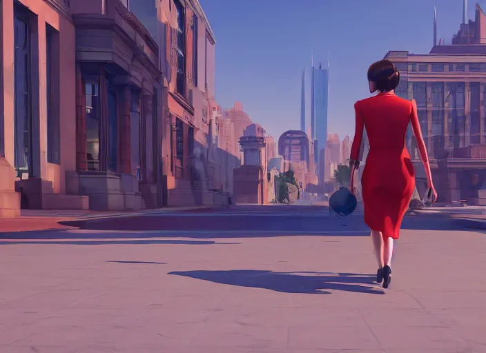 Image similar to inspiring beautiful girl carrying a red propaganda flag walking through beautiful futuristic city by Edward Hopper and Dan Mumford, Unreal Engine 5, Lumen, Nanite