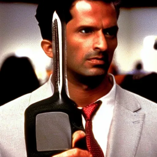 Prompt: Vishnu wearing an axe in American Psycho (1999)