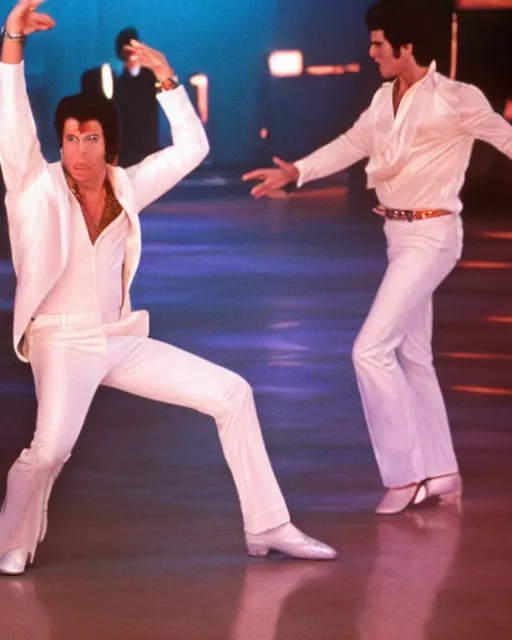 Image similar to john travolta as white suited tony manero in saturday night fever dancing at a disco with an multicolored illuminated floor, cinematic, 1 9 7 0 s style