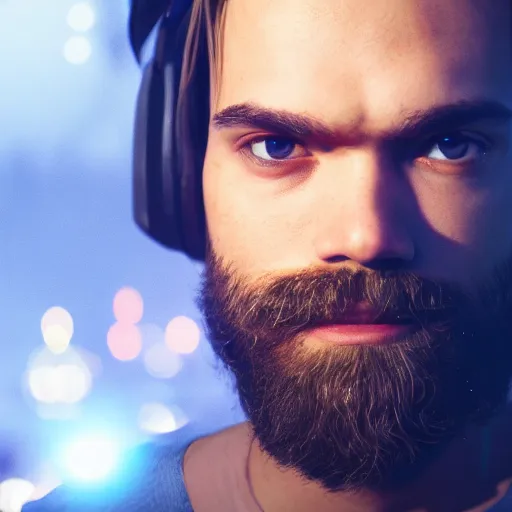 Image similar to Portrait of PewDiePie, splash art, movie still, cinematic lighting, dramatic, octane render, long lens, shallow depth of field, bokeh, anamorphic lens flare, 8k, hyper detailed, 35mm film grain