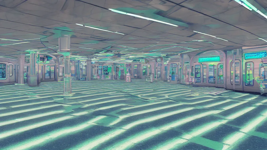 Prompt: vaporwave inferable train floor in a bright lobby, iso 2 0 0