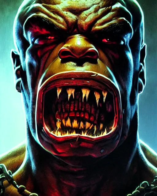 Image similar to doomfist from overwatch, rage, character portrait, portrait, close up, concept art, intricate details, highly detailed, horror poster, horror, vintage horror art, realistic, terrifying, in the style of michael whelan, beksinski, and gustave dore